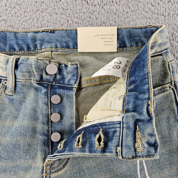 mnml M5 Stretch Denim Jeans Mens 28 Blue Tapered Ankle Zips Button Fly - Picture 3 of 16